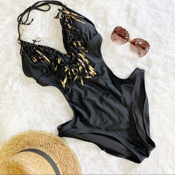 Xhilaration Other - Black fringe cutout one piece bathing suit Medium